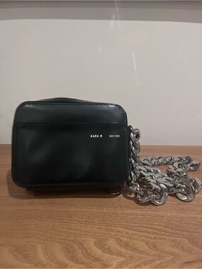 KARA New York Black Leather Crossbody Bag with Silver Chain